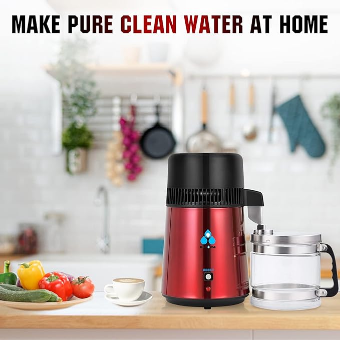 DC HOUSE Upgrade 1 Gallon Water Distiller, 4L Stainless Steel Home Countertop Drinking Pure Water Distiller Machine with On Off Switch, Glass Container