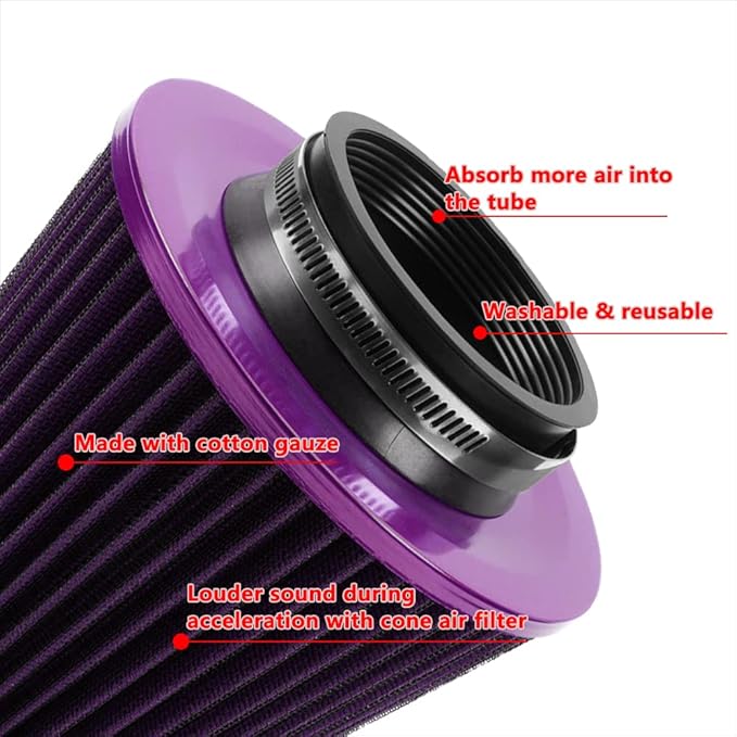 muge racing 3-inch Cold Air Intake Filter 76mm, High Performance Clamp-On Engine Intake Air Filter, Washable Reusable & Universal Round Tapered Replacement Air Filter, Purple