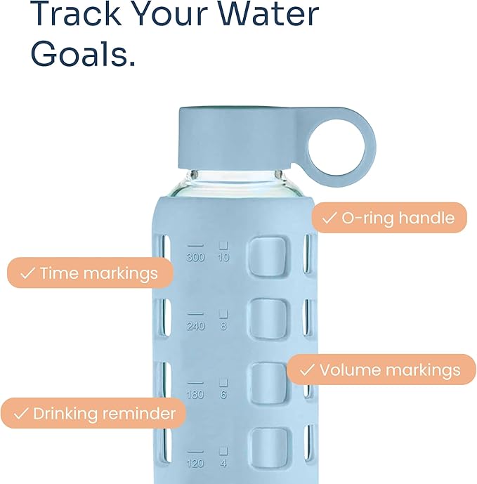 purifyou 40oz / 32oz / 22oz / 12oz Borosilicate Glass Water Bottle with Time & Volume Markers, Silicone Sleeve, Stainless Steel Lid | Reusable Glass Bottle for Water & Juice (12oz Ice Blue)