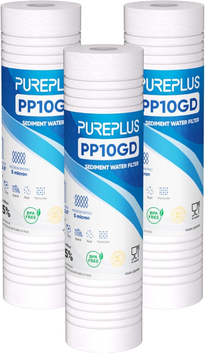 PUREPLUS 5 Micron 10" x 2.5" Whole House Sediment Home Water Filter, Grooved Sediment Replacement Cartridge for Any 10 inch RO Unit,AO-WH-PREV-R2, Aqua-Pure AP110, Aquaboon AB-SGR5M, GE GXWH20S, 3Pack