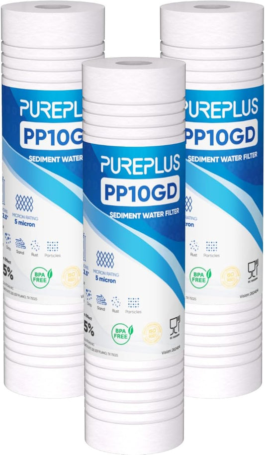 PUREPLUS 5 Micron 10" x 2.5" Whole House Sediment Home Water Filter, Grooved Sediment Replacement Cartridge for Any 10 inch RO Unit,AO-WH-PREV-R2, Aqua-Pure AP110, Aquaboon AB-SGR5M, GE GXWH20S, 3Pack