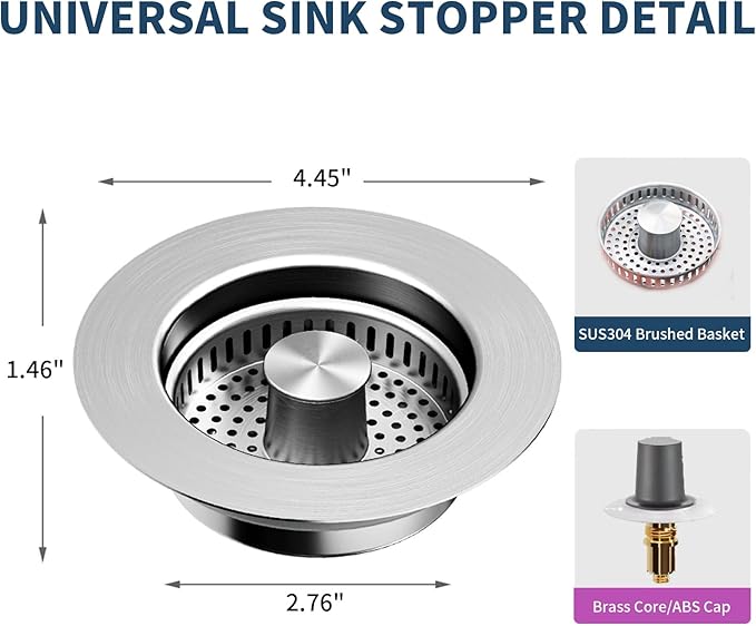 2 Pack – 3-in-1 Kitchen Sink Drain Strainer Stopper, 304 Stainless Steel Pop Up Sink Plug with Removable Filter Basket, Fits 3-1/2” US Standard Drain, Anti-Clog, Rustproof, Odor Blocker