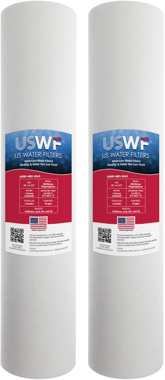 1 Micron 20 Inch x 4.5 Inch | 2-Pack Melt Blown Polypropylene Whole House Sediment Cartridge | Compatible with Pentek DGD-2501-20, Hydronix SDC-45-2001 | Made in the USA, US Water Filters