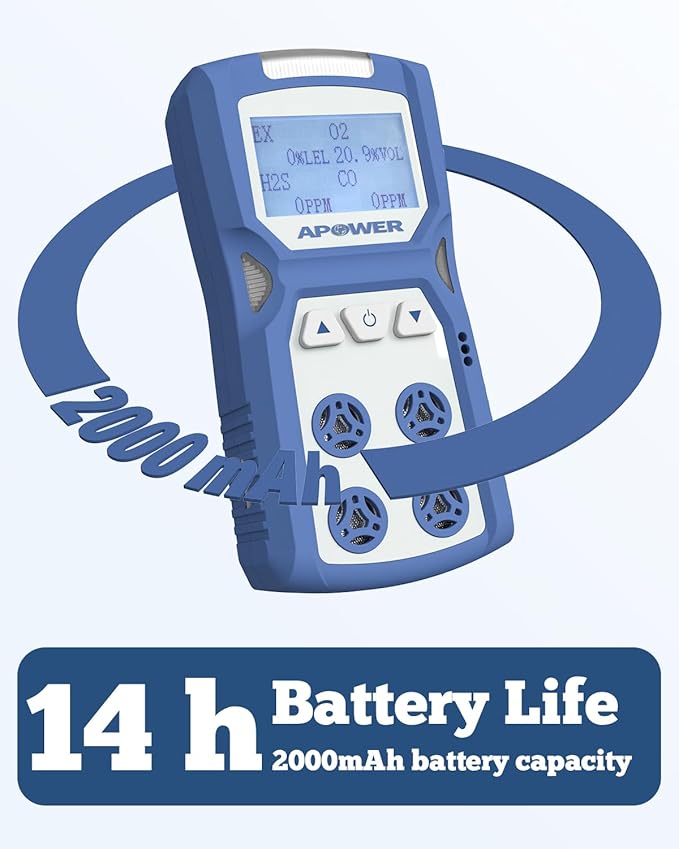 Gas Detector, 4 Gas Monitor for H2S, CO, LEL and O2, Portable Multi Gas Leak Detector with Vibration, Visual and Audible Alarms, 14h Long Battery Life, Natural Propane Sniffer Home Room Travel