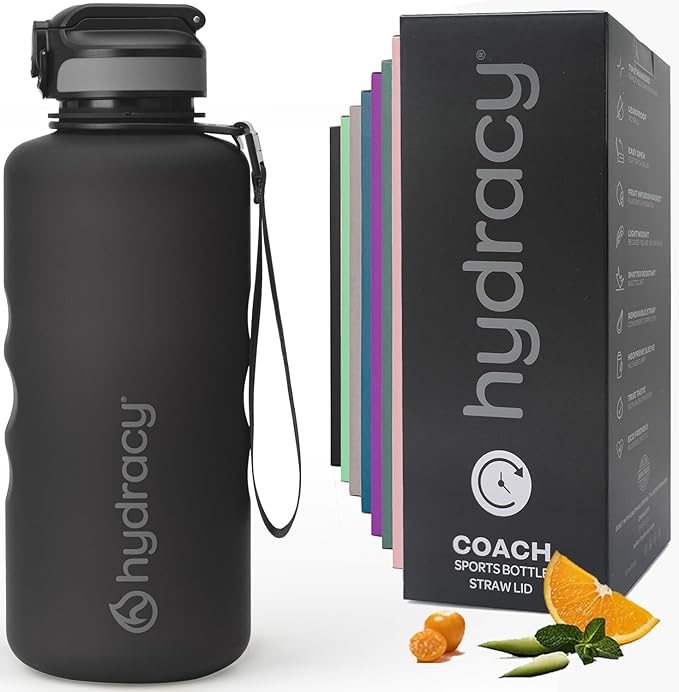 Hydracy Water Bottle with Time Marker -Large BPA Free Water Bottle & No Sweat Sleeve -Leak Proof Gym Bottle with Fruit Infuser Strainer & Times to Drink -Ideal for Fitness Sports & Outdoors