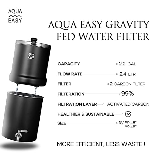 AquaEasy NSF/ANSI 372 Certified Stainless Steel Gravity Water Filter System (2.25 Gallon) 2X Activated Carbon Filter, Stainless Steel Tap and Wooden Stand | Countertop Water Filtration System (Black)