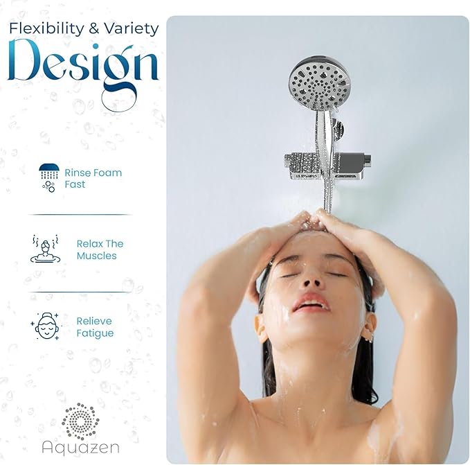 AQUAZEN® Filtered Shower Head with 8-Layer Handheld Filter | High Pressure | 10 Spray Modes | US Standard | Premium Chrome Finish | 5ft Hose | Easy Install