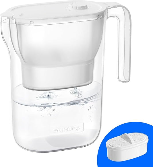 Waterdrop Water Filter Pitcher, 200-Gallon Long-Life, Countertop NSF Certified Water Purifier, Replaces 6,400 Plastic Water Bottles a Year, Reduces Chlorine, PFOA/PFOS, 7-Cup, White