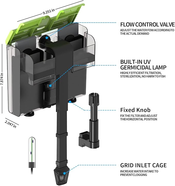Aquarium Filter for 30-70 Gallon Tank - 4 in 1 Double Waterfall U-V Fish Tank Filter for Green Water & Algae Clean, 8W Quiet Hang on Filter for Saltwater Freshwater, Adjustable Flow, 215 GPH