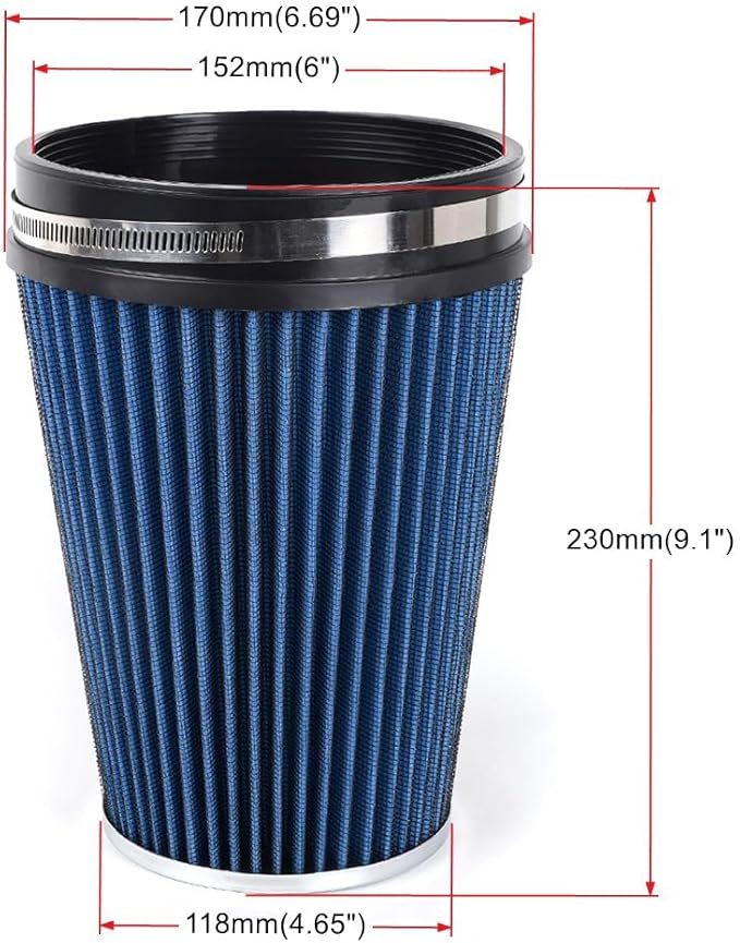 MUGE RACING 6" 152 mm High Flow Inlet Air Filter, Air Intake Cone Filter Replacement Performance Washable Clamp-On Dry, 8'' Tall(Blue)