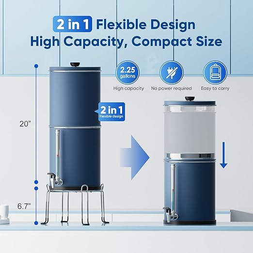 Purewell 3-Stage 0.01μm Ultra-Filtration Gravity Water Filter System, 304 Stainless Steel Countertop System with 2 Filters, Metal Water Level Spigot and Stand, Reduce 99% Chlorine, 2.25G, PW-OB-K