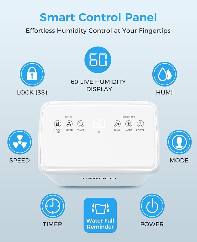 2000 Sq.ft Dehumidifier for Basement, Trazico 30 Pint Dehumidifiers for Home Large Room Bedroom Bathroom with Drain Hose, Intelligent Humidity Control, 3 Modes, 24H Timer, Auto Defrost, White
