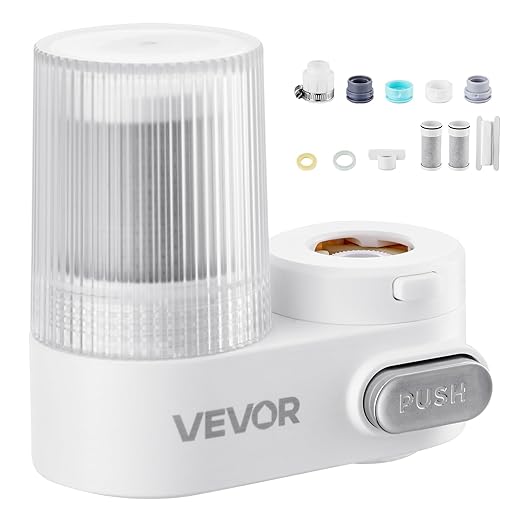VEVOR Faucet Mount Water Filter, Vertical Water Purifier for Sink Tap, NSF Certified Carbon Fiber Filter, Removes Chlorine Lead with 3 Filters, Fits Most Kitchen or Bathroom Faucets, White