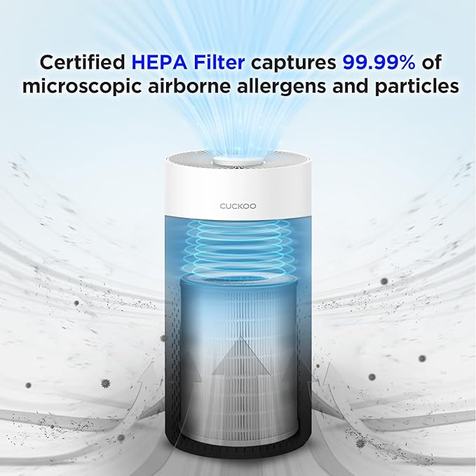 CUCKOO True HEPA Air Purifier for Bedroom Up to 456 sq. ft., 3-Stage Filter with H13 HEPA and Activated Carbon, Small Air Purifiers for Home with Quiet Sleep Mode, White (CAC-I0510FW)