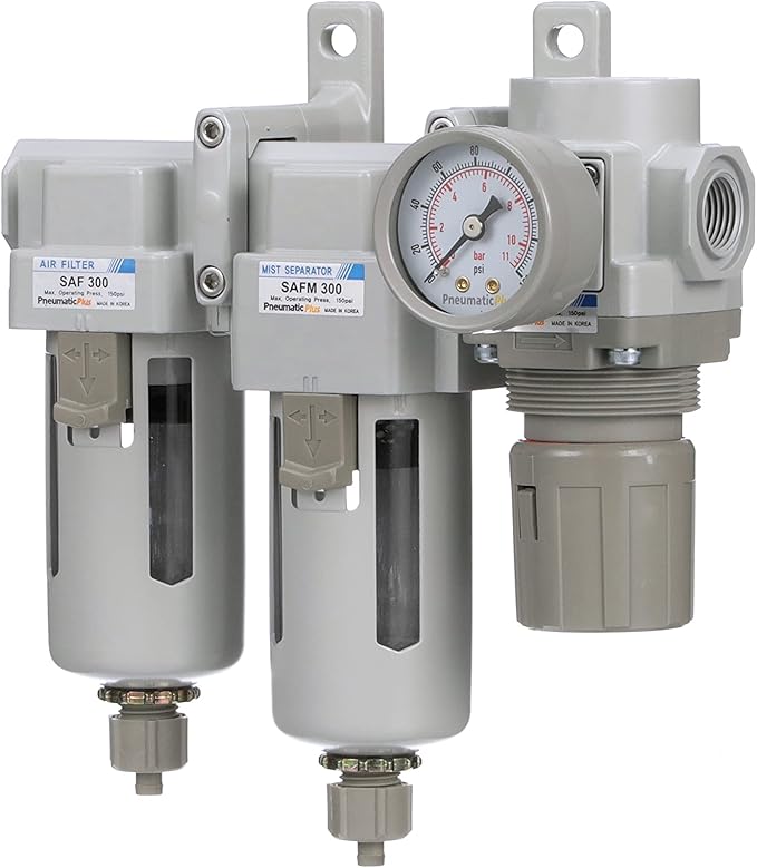 PneumaticPlus SAU330-N03G Three Stage Compressed Air Drying System - Particulate Air Filter, Coalescing Filter, Air Pressure Regulator Combo 3/8" NPT - Poly Bowl, Manual Drain, Gauge