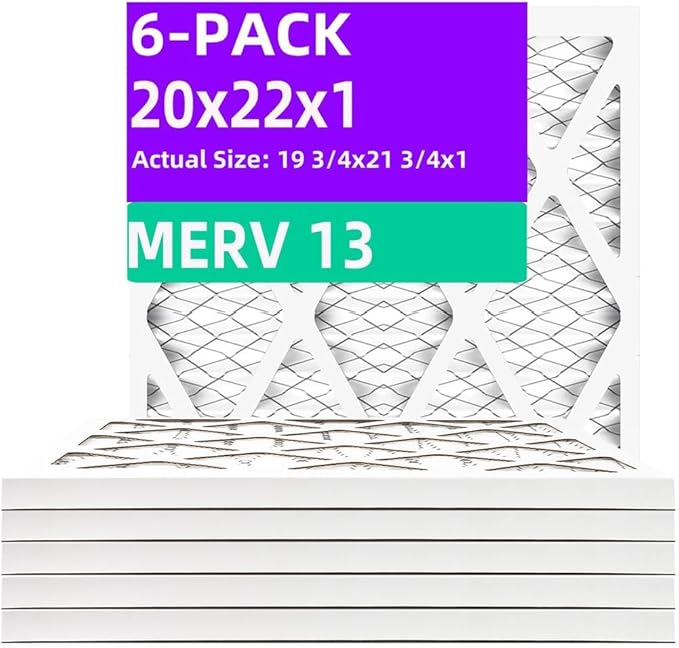 20x22x1 MERV 13 (6-Pack) Air Filter (Actual Size: 19.75"x21.75"x0.75") MPR 1900 & FPR 10, Furnace Air Filters, 20x22x1 air filter