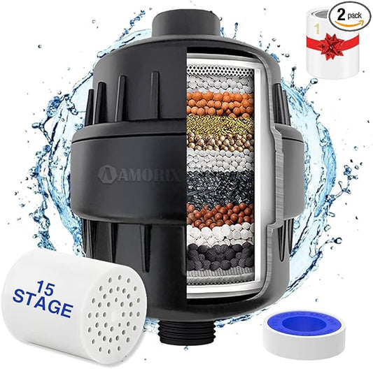 AMORIX 15 Stage Shower Head Filter for Hard Water, High Output, Reduces Chlorine, Dry Skin, Itchy Scalp - Black, 2 Pack