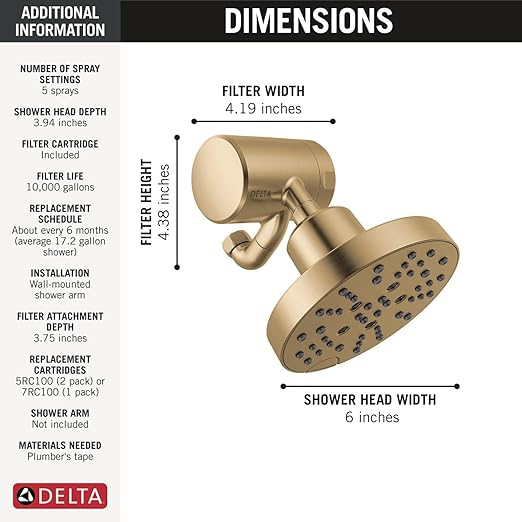 Delta Faucet 5-Setting H2Okinetic Shower Head Gold with Clarifi Premium Shower Filter Attachment with Filter
