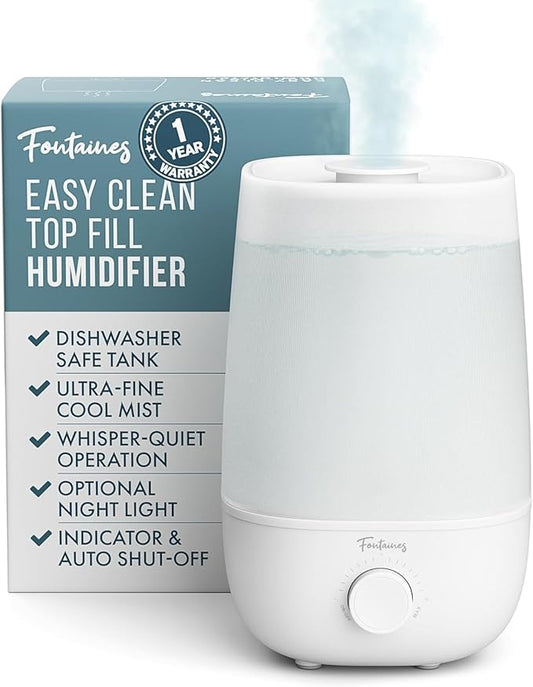 Fontaines Luxury Top-Fill Cool Mist Humidifier - 360° Ultra-Fine Spray, Whisper-Quiet Operation, Dishwasher-Safe Tank, Nightlight & Auto Shut-Off, Easy to Clean for Home, Bedroom, Baby Nursery