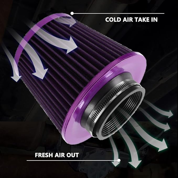 muge racing 3-inch Cold Air Intake Filter 76mm, High Performance Clamp-On Engine Intake Air Filter, Washable Reusable & Universal Round Tapered Replacement Air Filter, Purple