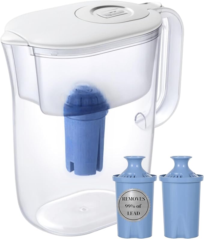10-Cup Water Filter Pitcher & 2 Extended Life Water Filters (Removes Lead - 6 Months Per Filter) & Electronic Replacement Reminder - Compatible with Brita Water Pitcher/Brita Filter Pitcher