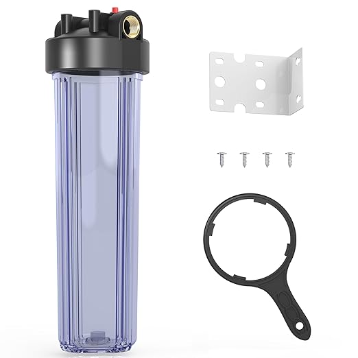 WHT20 Whole House Water Filter Housing, Fit 20"x4.5" Sediment etc Filters for Well and City Water, Big Filter Blue Pre-Filtration System for Home, 1" NPT Port, Pressure Release (Clear Housing)