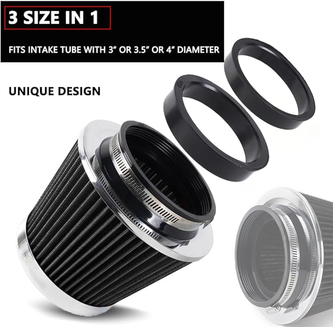 4-Inch Cold Air Intake Filter - Washable, High Performance, 3" or 3-1/2" or 4" Clamp-On Replacement Air Filter Black