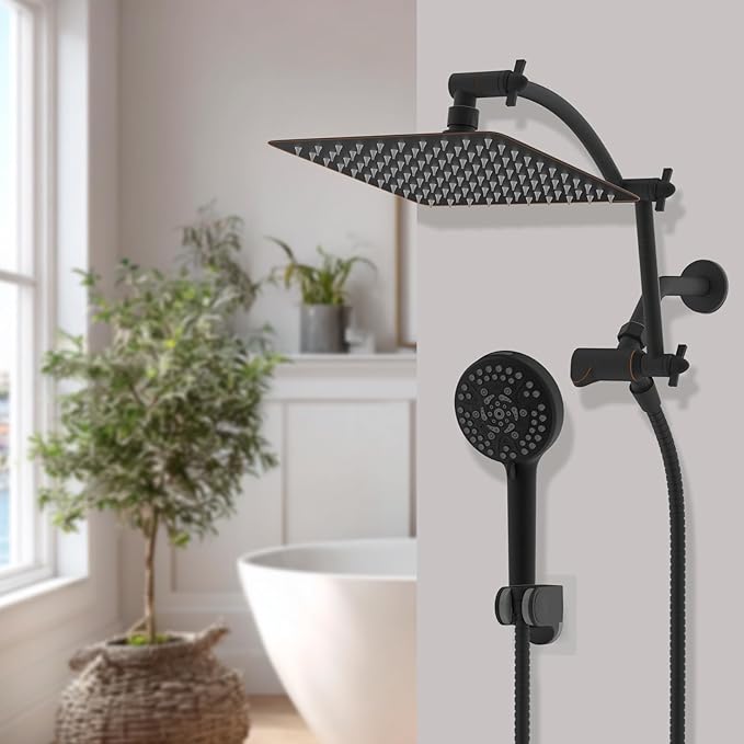 Hibbent All Metal Shower Head, 10'' High Pressure Rain Shower Head/Handheld Showerhead Combo with 16'' Adjustable Arc-shaped Extension Arm, 10 Sprays, 71'' Hose, Showerhead Holder, Oil Rubbed Bronze