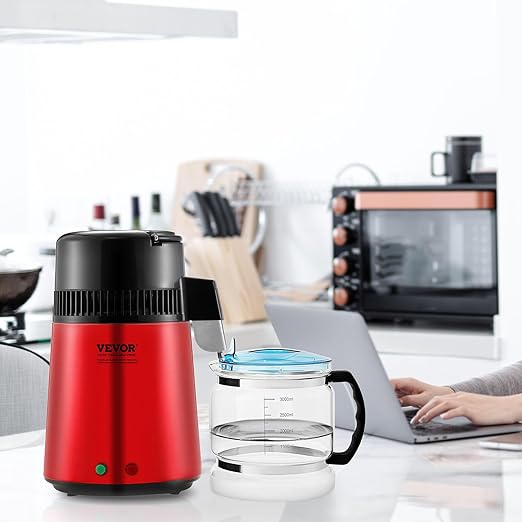 VEVOR Water Distiller, 4L 1.05 Gallon Pure Purifier Filter for Home Countertop, 750W Distilled Maker, Stainless Steel Interior Machine to Make Clean Water, Red