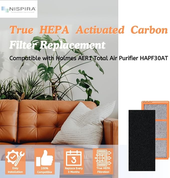 Nispira AER1 Filter Replacement for Holmes Air Purifier HAPF30AT HAPF30AS-U4R HAP242-NUC Smoke Grabber 2 HEPA 4 Carbon Booster, Remove Odor Smoke VOCs 1.2 x 10 x 4.6 Inches