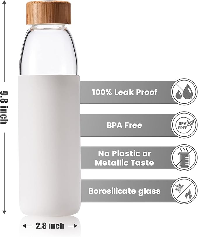 veegoal 25 Oz Borosilicate Glass Water Bottles with Bamboo Lid, BPA-FREE, Non-Slip Silicone Sleeve, and Stainless Steel Leak Proof Lid - Reusable Glass Bottle for Men and Women