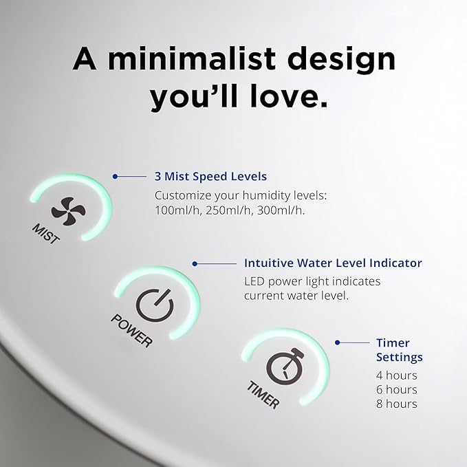 Carepod 31S Stainless Steel Humidifier for Large Room, Quiet & Safe for Baby, Only 3 Washable Parts & Easy to Clean, Ultrasonic Cool Mist Humidifiers for Bedroom, Filter-Free, Lasts 30Hrs (1Gal/4L)