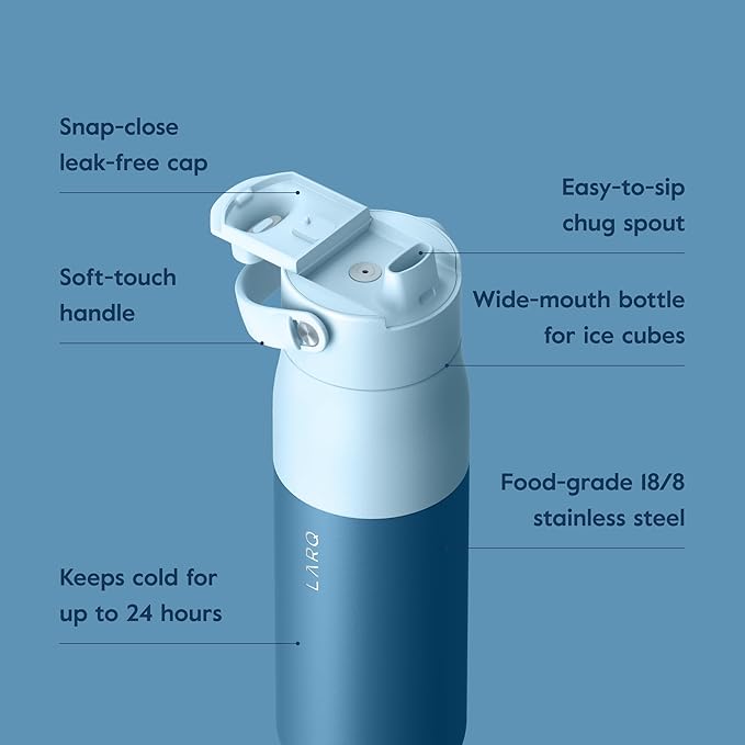 LARQ Bottle Swig Top 23oz - Insulated Reusable Stainless Steel Water Bottle With Built-In Silicone Handle | BPA Free | For Sports, Gym, and Travel | Amalfi Blue