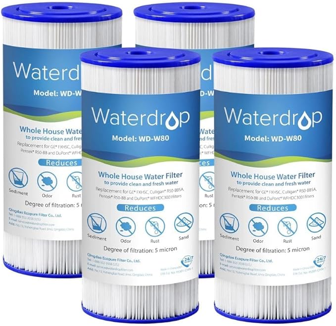 Waterdrop FXHSC Whole House Water Filter, Replacement for GE® FXHSC, GXWH40L, GXWH35F, American Plumber W50PEHD, W10-PR, R50-BBSA, 5 Micron 10" x 4.5", 4 Pack