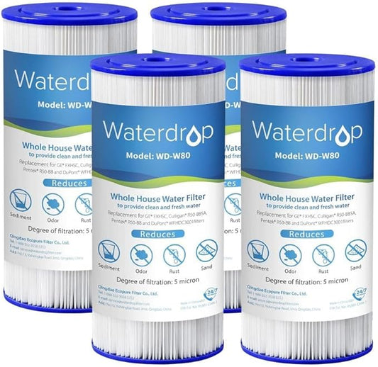 Waterdrop FXHSC Whole House Water Filter, Replacement for GE® FXHSC, GXWH40L, GXWH35F, American Plumber W50PEHD, W10-PR, R50-BBSA, 5 Micron 10" x 4.5", 4 Pack