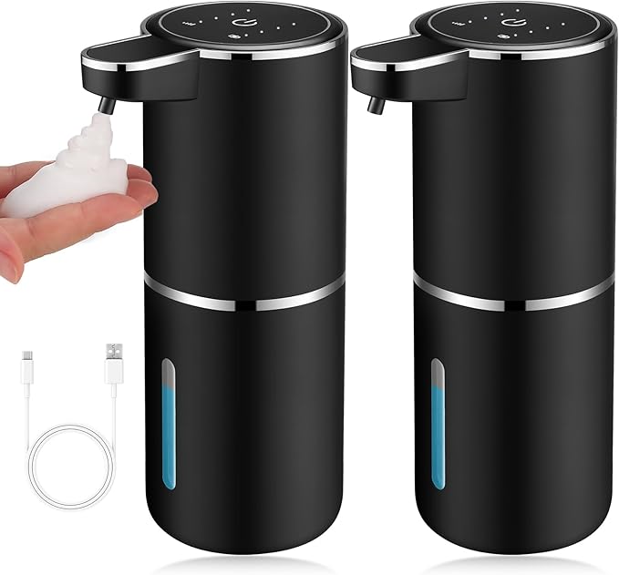 2 Pack Automatic Soap Dispensers,12.8oz/380ml USB Touchless Automatic Foaming Soap Dispenser,Rechargeabled Wall Mounted Smart Soap Dispenser for Bathroom Kitchen Dish Soap(Black)