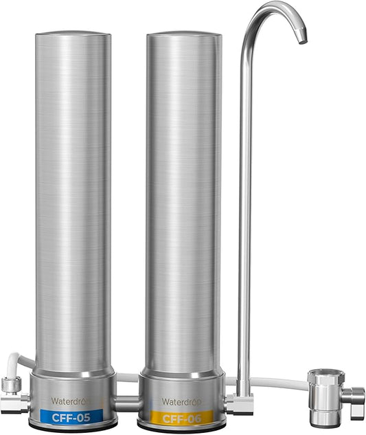[Silver ions] Waterdrop Dual-Stage Countertop Water Filter System, Reduce Chlorine, PFOA/PFOS, Bad Taste & Odor, Silver Ions Enhanced Filtration, Stainless Steel, WD-CTF-09(2 Filter)