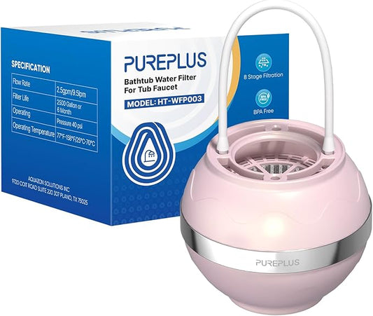 PUREPLUS Bathtub Bath Water Filter for Tub, 8 Stages Kinder Filter for Bathtub, 2500 Gallons Filtration, Removes Contaminants for Softer Skin and Hair, Reduces Chlorine & Heavy Metals, BPA Free, Pink