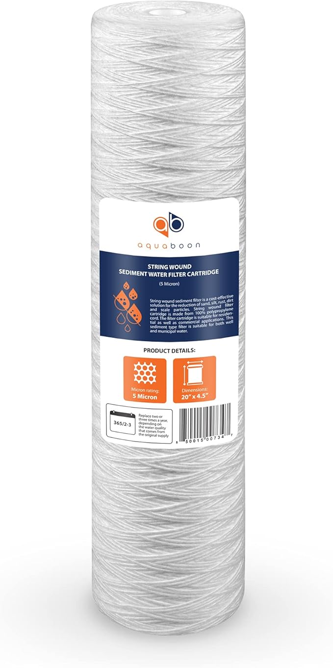 Aquaboon 5 Micron 20 x 4.5 Whole House String Wound Water Filter Replacement Cartridge for Well Water Filtration Compatible with WP5BB20P, 4-Pack