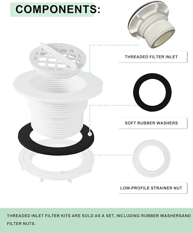 (2pcs) Threaded Inlet Strainer Compatible with Intex Filter Pumps with 1-1/2" Hoses, Above Ground Stock Tank Pool Inlet Strainer Replacement Parts Including Rubber Washer Filter Nut and Grid