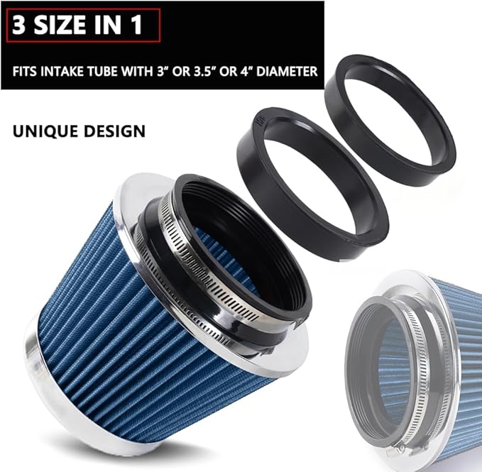 4-Inch Cold Air Intake Filter - Washable, High Performance, 3" or 3-1/2" or 4" Clamp-On Replacement Air Filter Blue