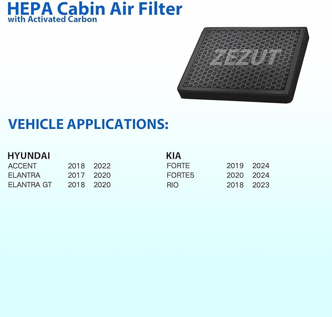 Cabin Air Filter CF12058 Fits Hyundai Elantra (2017-2020), Accent (2018-2022), Elantra GT (2018-2020) & Kia Forte (2019-2024), Rio (2018-2024), Honeycomb Structure & Activated Carbon, Durable & Sturdy
