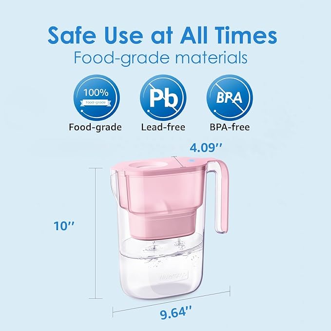 Waterdrop Water Filter Pitcher with 4 Filters, 5X Times Lifetime, Lasts 200 Gallons, for Fridge and Kitchen, Reduces PFOA/PFOS, Chlorine, 7-Cup Capacity, Elfin, Pink