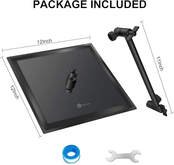 HarJue High Pressure Large Stainless Steel Square Rain ShowerHead With Shower Arm Waterfall Full Body Coverage Easy to Clean and Install (12 Inch With Arm, Matte Black)
