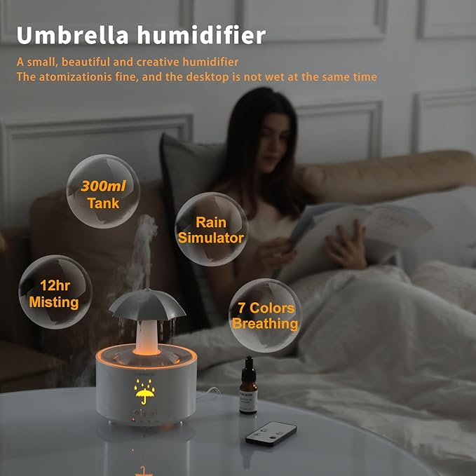Humidifiers for Bedroom,Aromatherapy Essential Oils Diffuser,Quiet Ultrasonic Clouds and Cool Mist Humidifier, 7 Colors Breathing LED Light,Rotating Umbrella Rain Drops,Ideal Holiday Gifts for Home