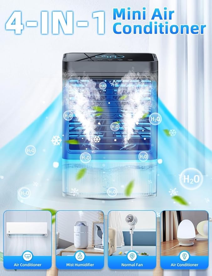 Small Air Conditioner w/ 3 Speeds&3 Modes, Remote, 1100ML Tank Humidifier, 8-Cube Ice Tray, 120° Oscillating, 4 IN 1 Portable Air Conditioners, 7-Color Light, 4H Timer Desk AC Unit for Bedroom