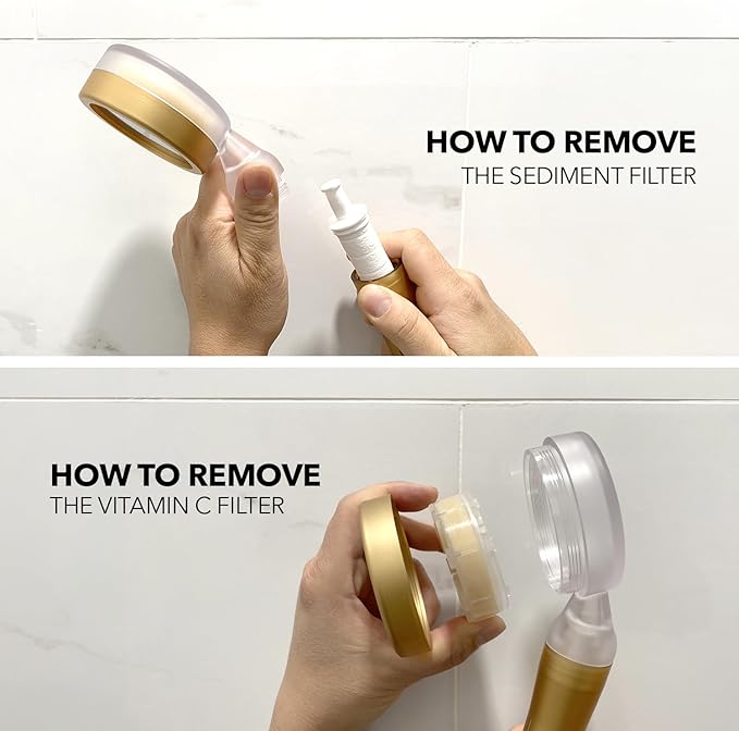 Barumi Pluo Handheld Filtered Shower Head - Gold | Vitamin C Filter for Healthy Skin & Hair | High Pressure Soft Spray | Dual Filtration Removes Chlorine & Impurities | Gentle Shower for Pets