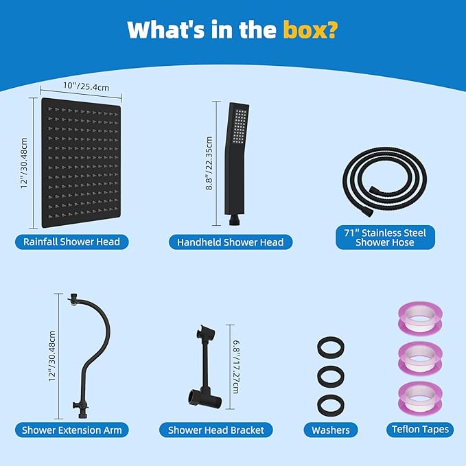 Hibbent All Metal Shower Head, 12'' High Pressure Rainfall Shower Head, Showerhead Combo, Handheld Shower Wand, 12'' Adjustable Curved Shower Extension Arm, 71'' Hose, Shower Head Holder, Matte Black