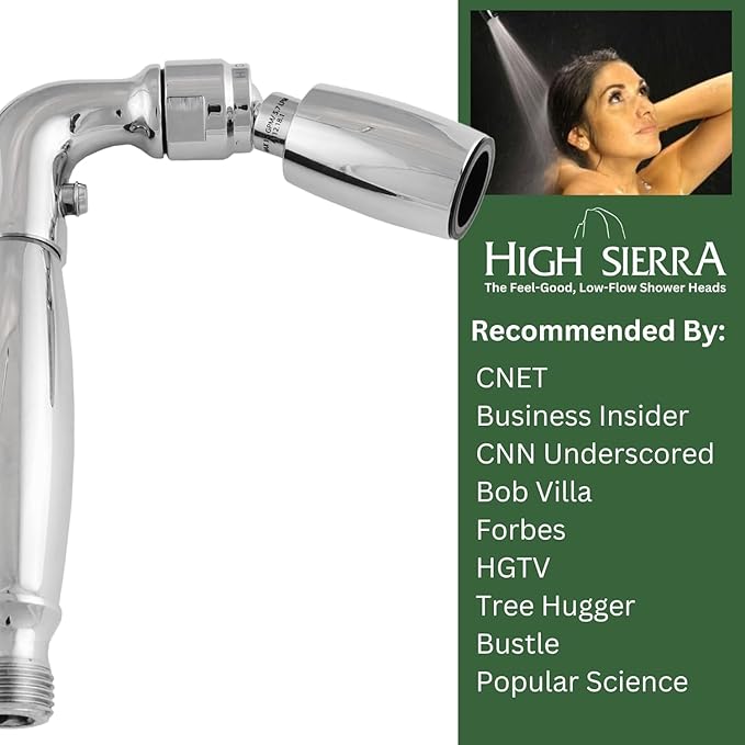 High Sierra® Solid Metal Handheld Shower Head, Lead-Free, with Built-In Trickle Valve. Shower Hose and Holder Not Included. Low Flow 1.25 GPM. Polished Chrome