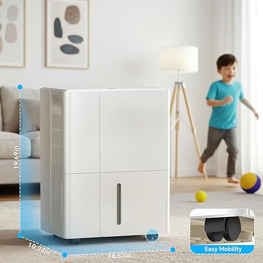2,300 Sq.Ft Max 50 Pint/Day(Standard 22Pint/Day) Dehumidifier with Drain Hose, Auto Shut Off, 4.8L(1.26 Gal) Water Tank, Wheels & Handle, 30-80% Humidity Control for Home & Basements.